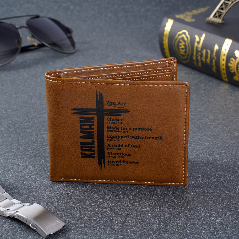 Personalised You Are Chosen Cross Men's Foldable PU Leather Wallet with Name Father's Day Baptism Birthday Gift for Christians Men