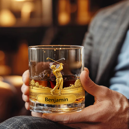 Personalised Golf Swing Character Name 10 oz Rock Old Fashioned Whiskey Glass Father's Day Birthday Gift for Man Golf Lover