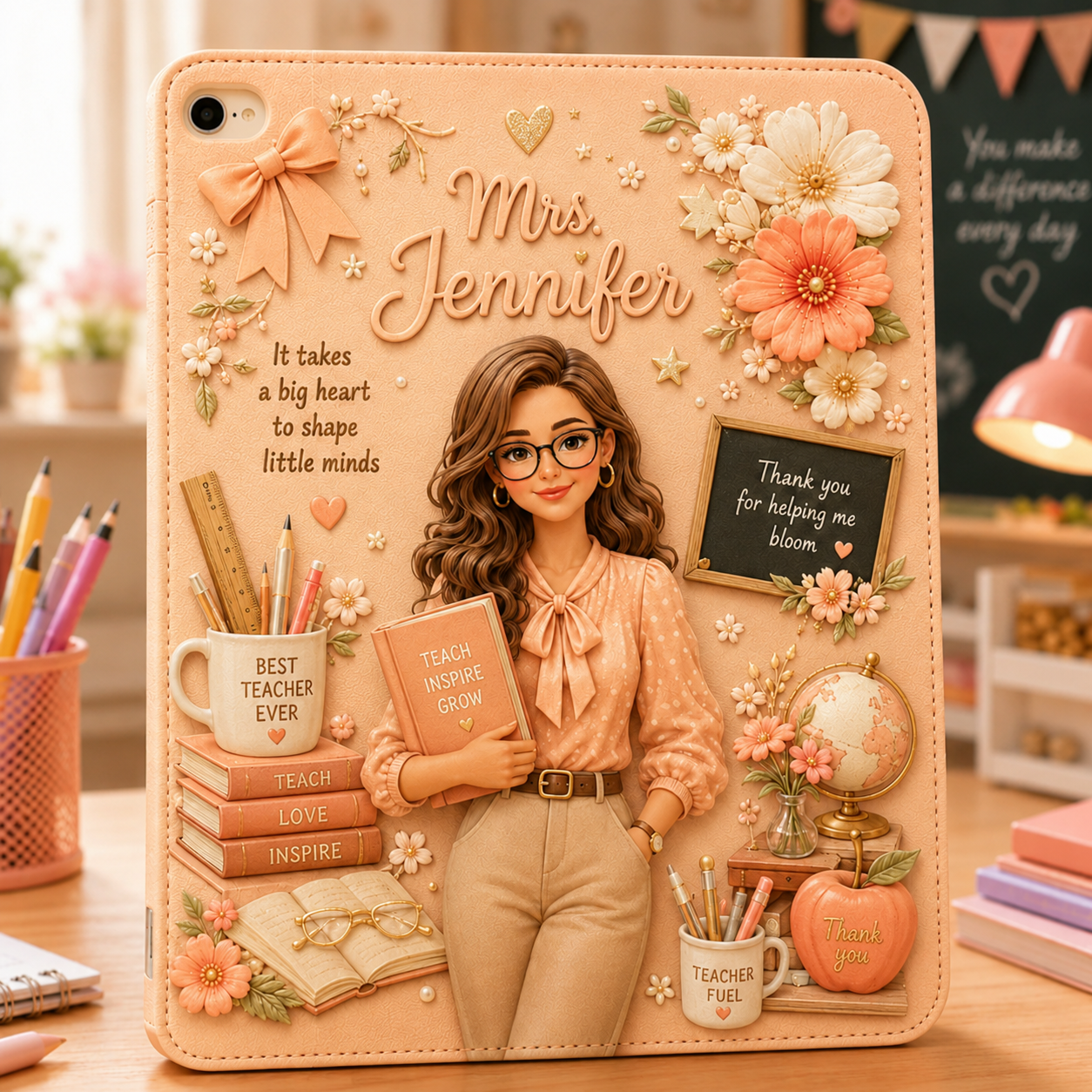Personalized Teacher iPad Case with Custom Name – Floral Teacher Tablet Cover, Protective PU Leather Stand Case, Teacher Appreciation Gift