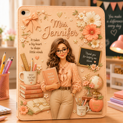 Personalized Teacher iPad Case with Custom Name – Floral Teacher Tablet Cover, Protective PU Leather Stand Case, Teacher Appreciation Gift