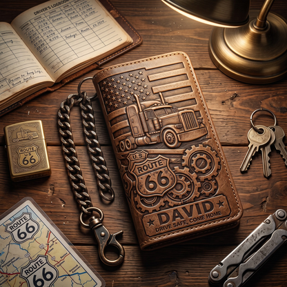 Personalized Truck Driver Leather Wallet with Chain – Custom Engraved Name, Route 66 Tri-Fold Wallet Gift for Husband, Dad & Biker
