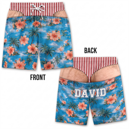 Custom Name Funny Men's Swim Trunks, Novelty Beach Shorts, Patriotic Summer Vacation Swimwear, Prank Gift for Men