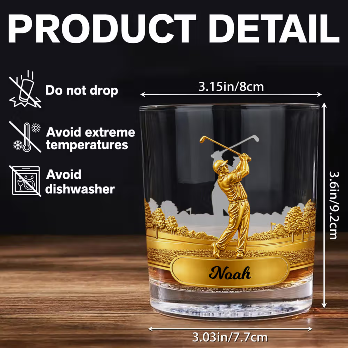 Personalised Golf Swing Character Name 10 oz Rock Old Fashioned Whiskey Glass Father's Day Birthday Gift for Man Golf Lover