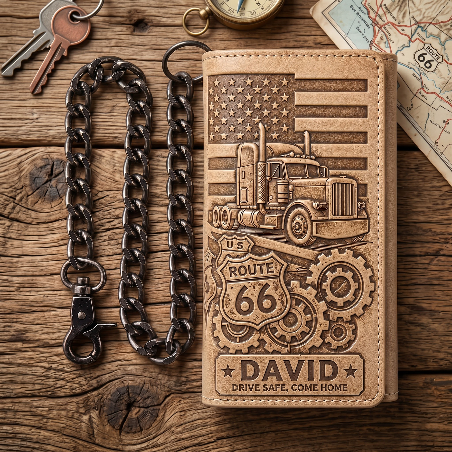 Personalized Truck Driver Leather Wallet with Chain – Custom Engraved Name, Route 66 Tri-Fold Wallet Gift for Husband, Dad & Biker