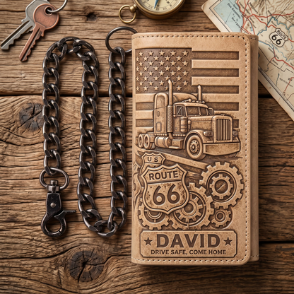 Personalized Truck Driver Leather Wallet with Chain – Custom Engraved Name, Route 66 Tri-Fold Wallet Gift for Husband, Dad & Biker