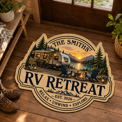 Personalized RV Retreat Custom-Shaped Doormat – Family Name Camper Welcome Mat, Camping Gift for RV Lovers