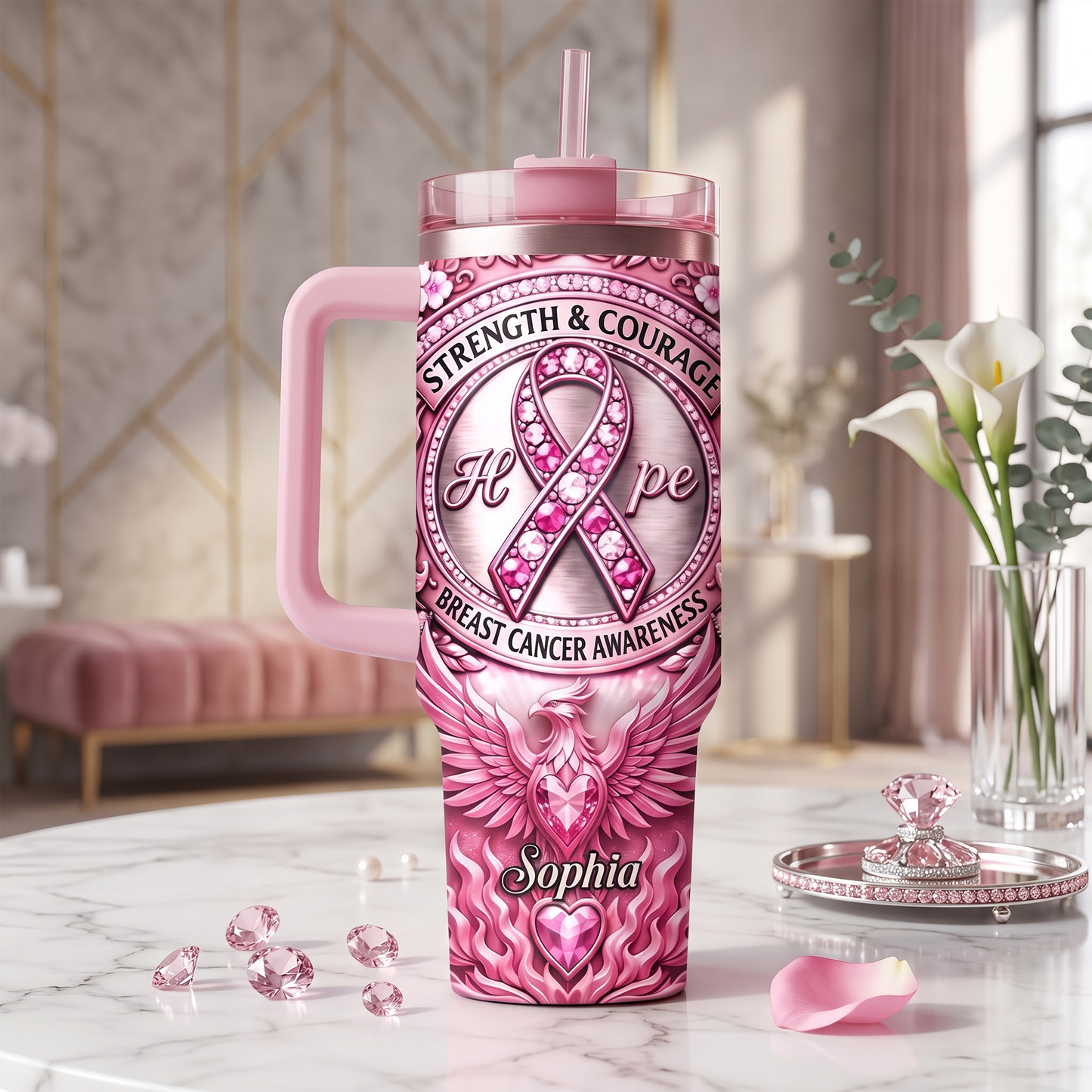 Personalized Breast Cancer Awareness 40oz Tumbler With Handle – Custom Name Pink Ribbon Hope Strength & Courage Insulated Travel Mug