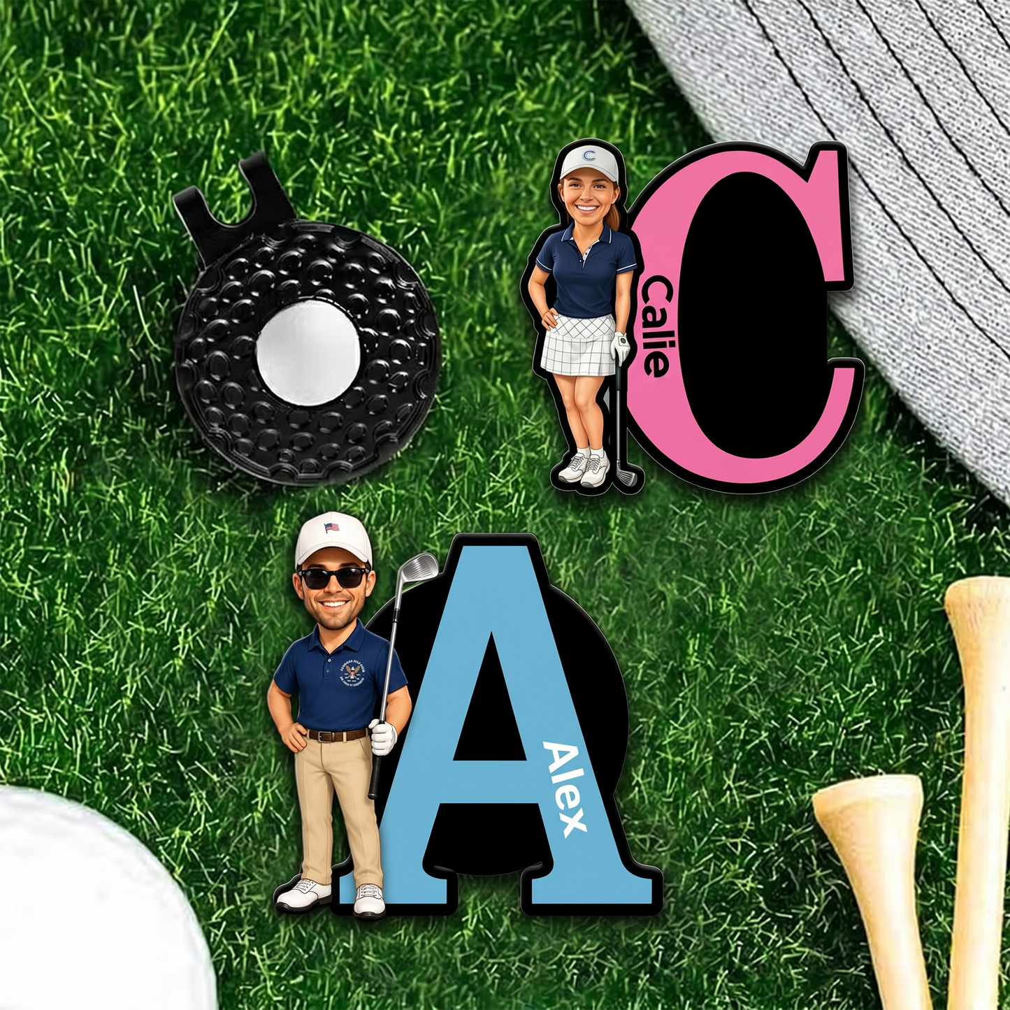 Personalised Cartoon Golf Character Golf Ball Marker with Magnetic Hat Clip and Name Birthday Game Day Gift for Golf Players Lovers