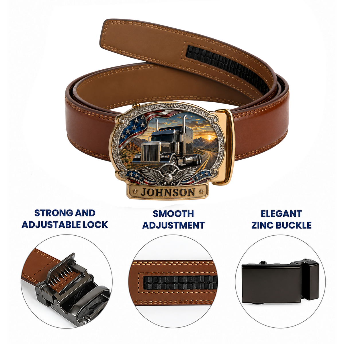 Personalized American Trucker Leather Ratchet Belt – Custom Name Truck Buckle Belt for Men