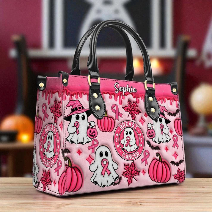 Custom Name Spooky Breast Cancer Awareness Ghost - Personalized 3D Inflated Leather PU Handbag