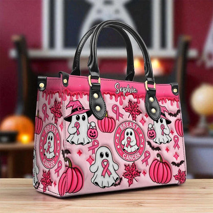 Custom Name Spooky Breast Cancer Awareness Ghost - Personalized 3D Inflated Leather PU Handbag