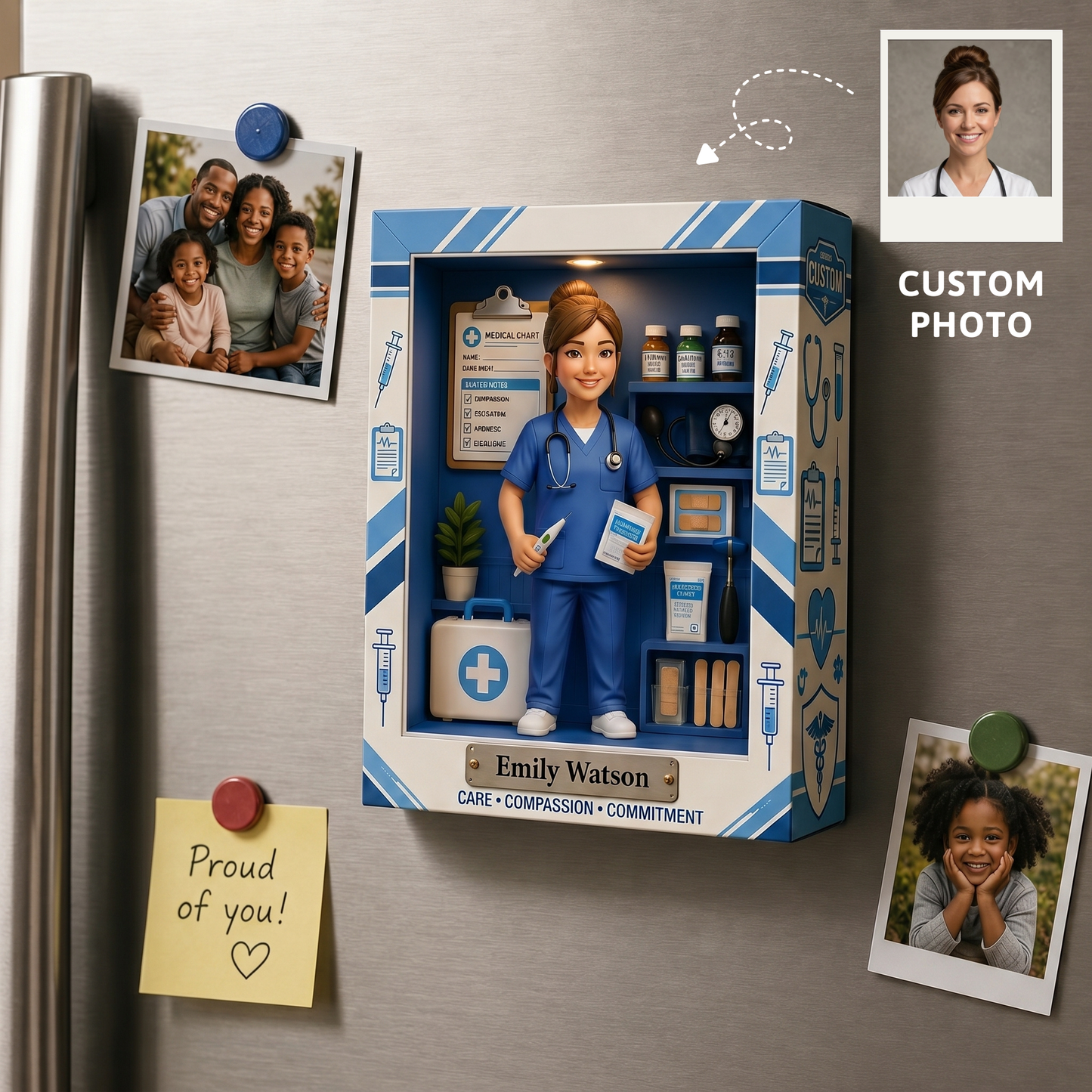 Personalized Nurse Shadow Box Fridge Magnet – Custom Photo Medical Keepsake Gift