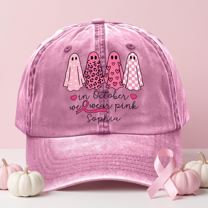 Custom Breast Cancer Distressed Washed Cotton Printed Hat , In October We Wear Pink Ghost Hat, Cancer Support Hat, Cancer Awareness Shirt, Cancer Fighter Gifts