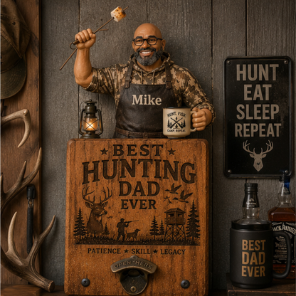 Personalized Best Hunting Dad Ever Wall Bottle Opener – Custom Photo Wooden Hunting Gift for Dad