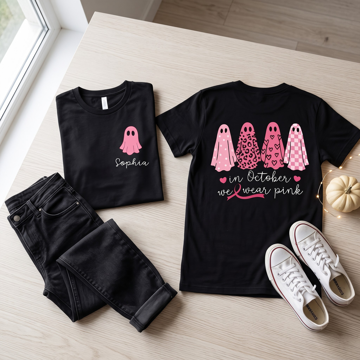 Personalized In October We Wear Pink Ghost T-Shirt, Breast Cancer Awareness Halloween Shirt, Custom Cancer Support Gift for Women