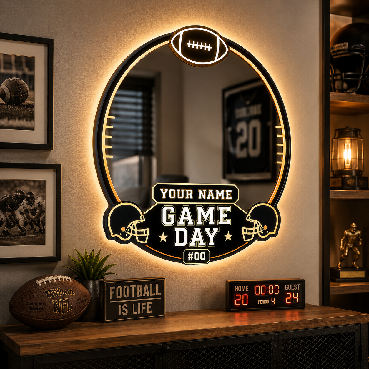 Personalized American Football Game Day LED Mirror – Custom Name & Number Sports Wall Decor