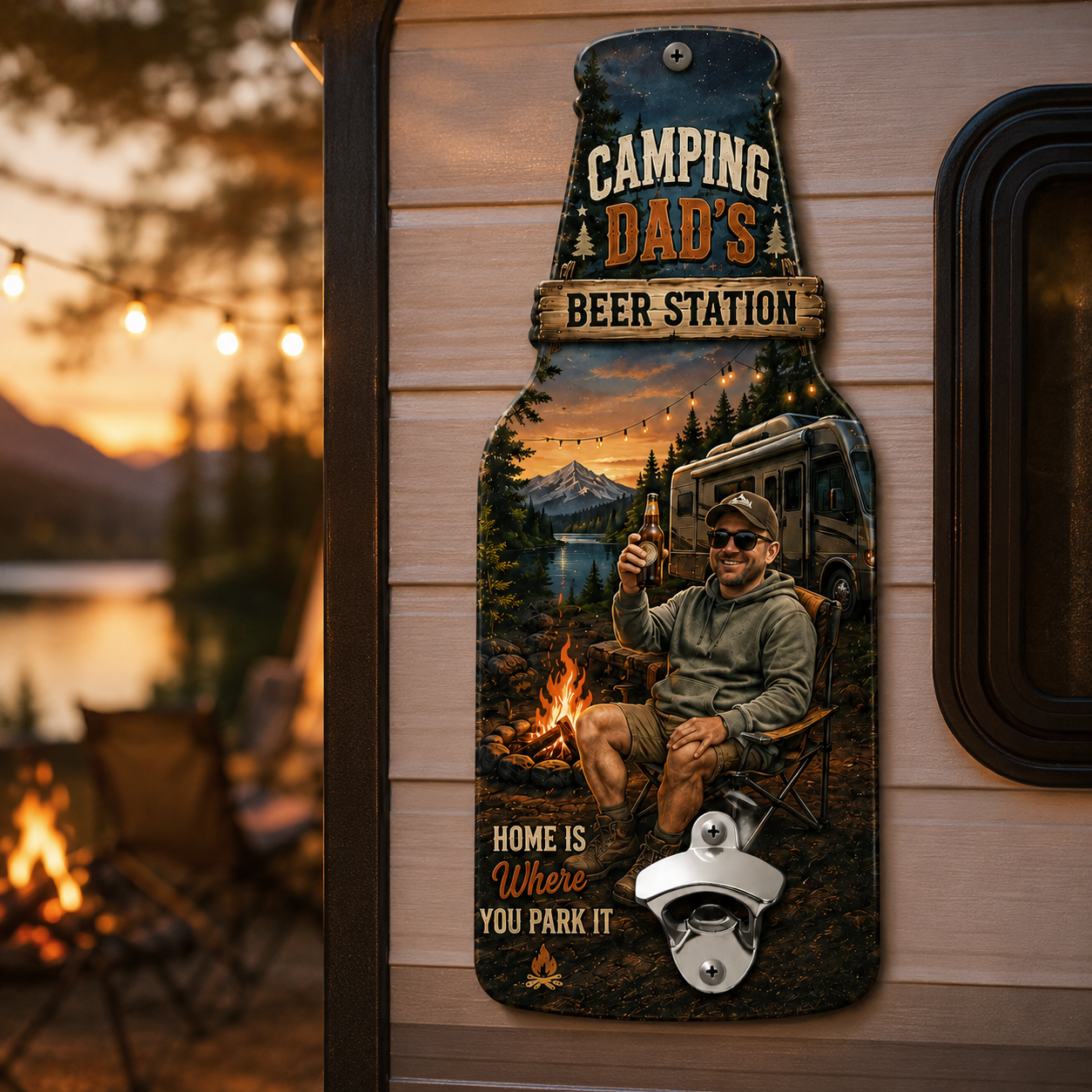 Personalized Camping Dad Photo Wall Bottle Opener – Custom RV Beer Station Metal Sign, Gift for Dad