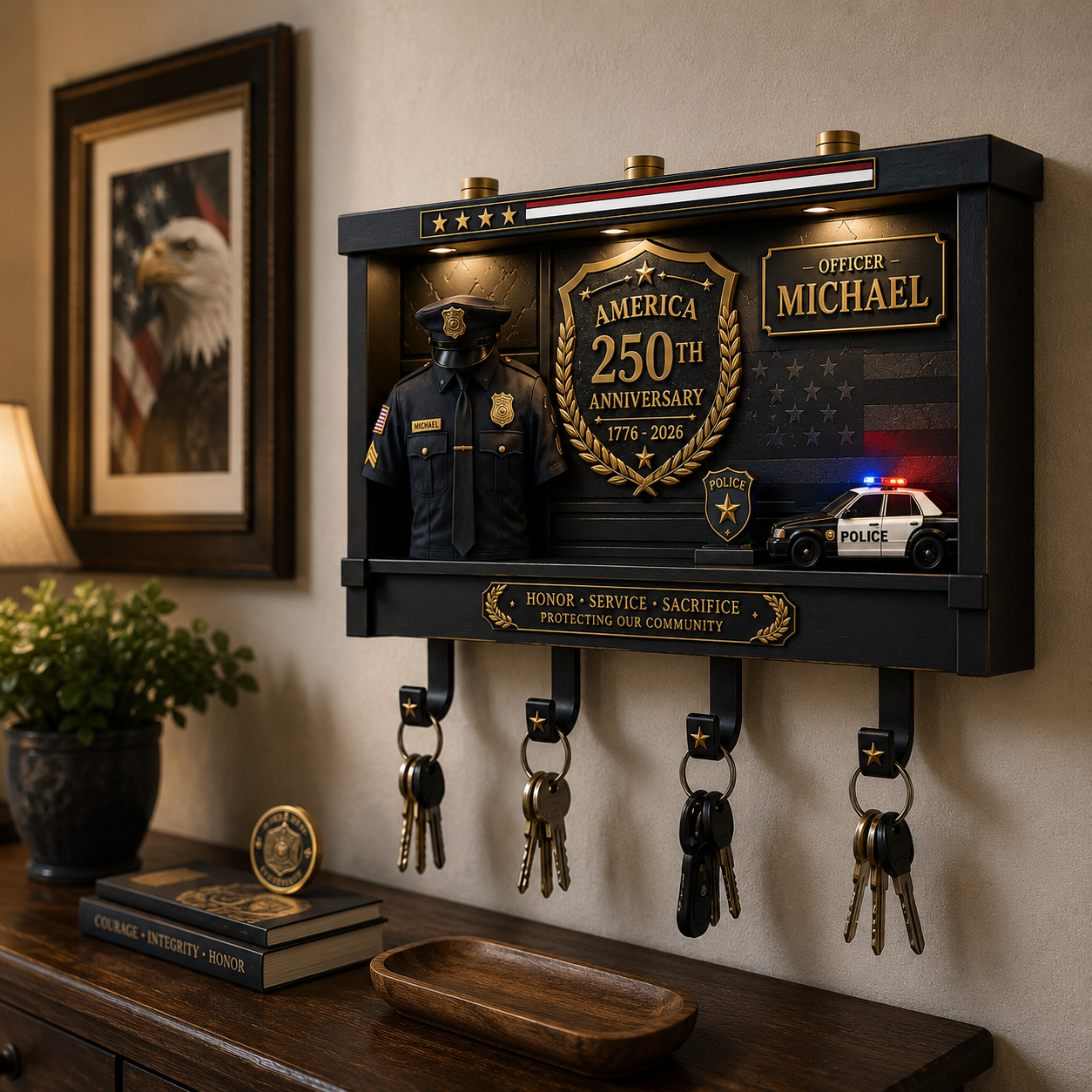 Personalized Police Officer America 250th Anniversary Key Holder, Gifts For Dad, Grandpa
