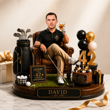 Custom Golf Birthday King Figurine – Personalized Face, Name & Year – 3D Golf Lover Birthday Keepsake Gift For Dad, Husband, Grandpa