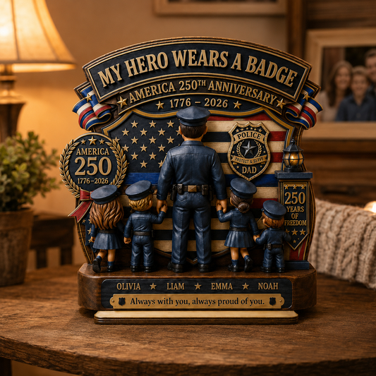 Personalized Police Dad America 250th Anniversary Family Keepsake, Custom Police Officer Dad With Kids, My Hero Wears A Badge Patriotic Gift 1776–2026