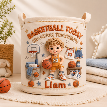 Personalized Basketball Player Storage Basket – Custom Photo, Name & Number Laundry Hamper, Kids Toy Organizer, Basketball Room Decor