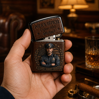 Personalized Police Officer Leather Flip-Top Lighter – Custom Name Honor Service Protect Gift For Him