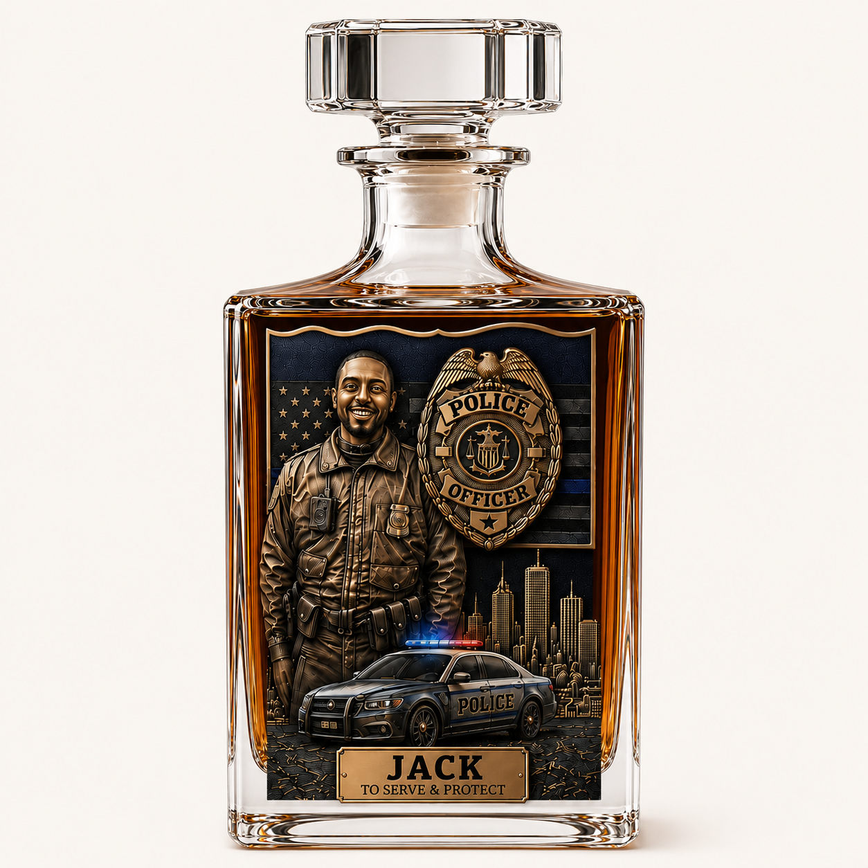 Personalized Police Officer Whiskey Decanter & Glass Set – Custom Photo Thin Blue Line Gift For Police Officer