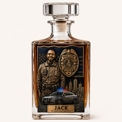 Personalized Police Officer Whiskey Decanter & Glass Set – Custom Photo Thin Blue Line Gift For Police Officer