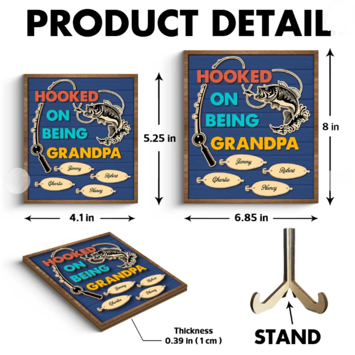 Hooked On Being Grandpa Fishing Personalized 2-Layer Wooden Plaque