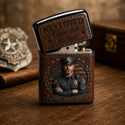 Personalized Police Officer Leather Flip-Top Lighter – Custom Name Honor Service Protect Gift For Him