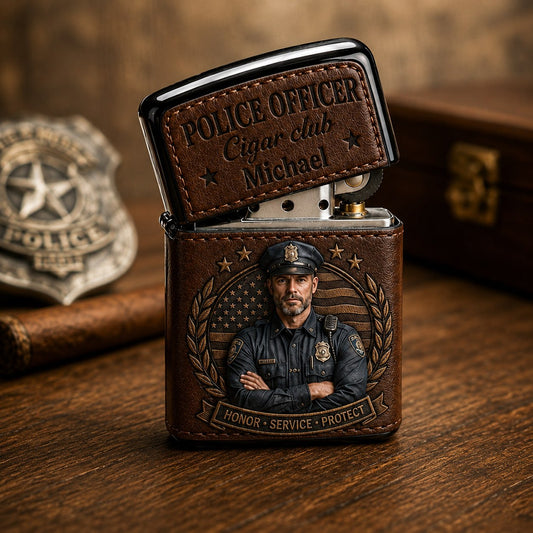 Personalized Police Officer Leather Flip-Top Lighter – Custom Name Honor Service Protect Gift For Him