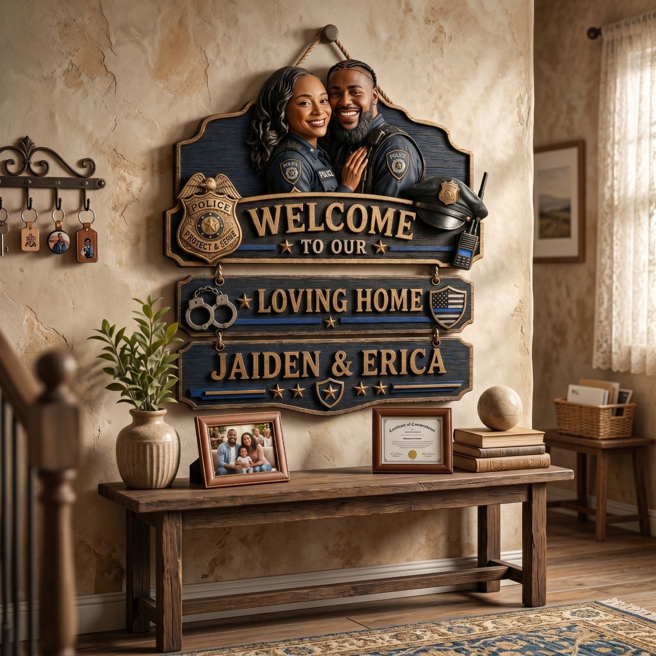 Personalized Police Welcome To Our Loving Home Pallet Wood Sign – Custom Photo Rustic Wall Decor