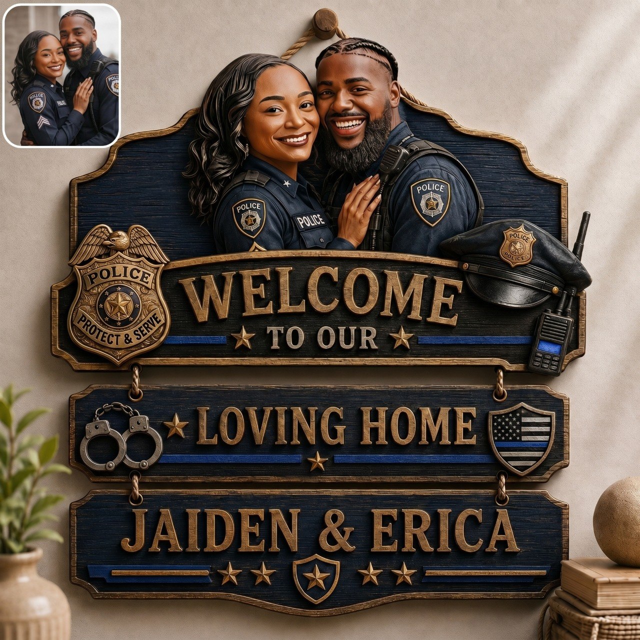 Personalized Police Welcome To Our Loving Home Pallet Wood Sign – Custom Photo Rustic Wall Decor