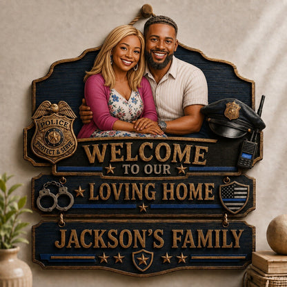 Personalized Police Welcome To Our Loving Home Pallet Wood Sign – Custom Photo Rustic Wall Decor