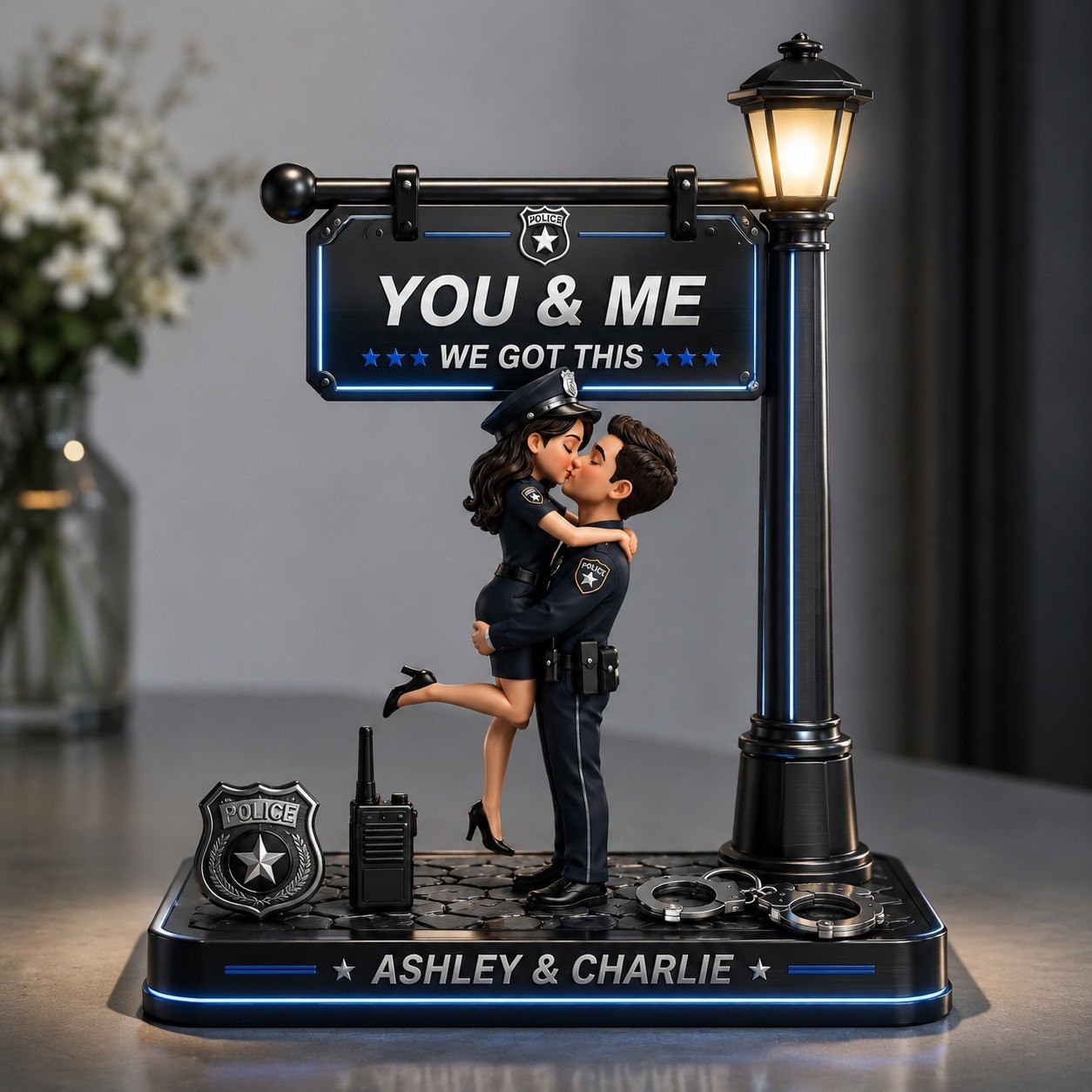 Timeless Love Under The Light - Personalized Police Couple Lamp Post Wooden Plaque, Custom 2-Layer Romantic Standing Plaque, You & Me Love Keepsake Gift