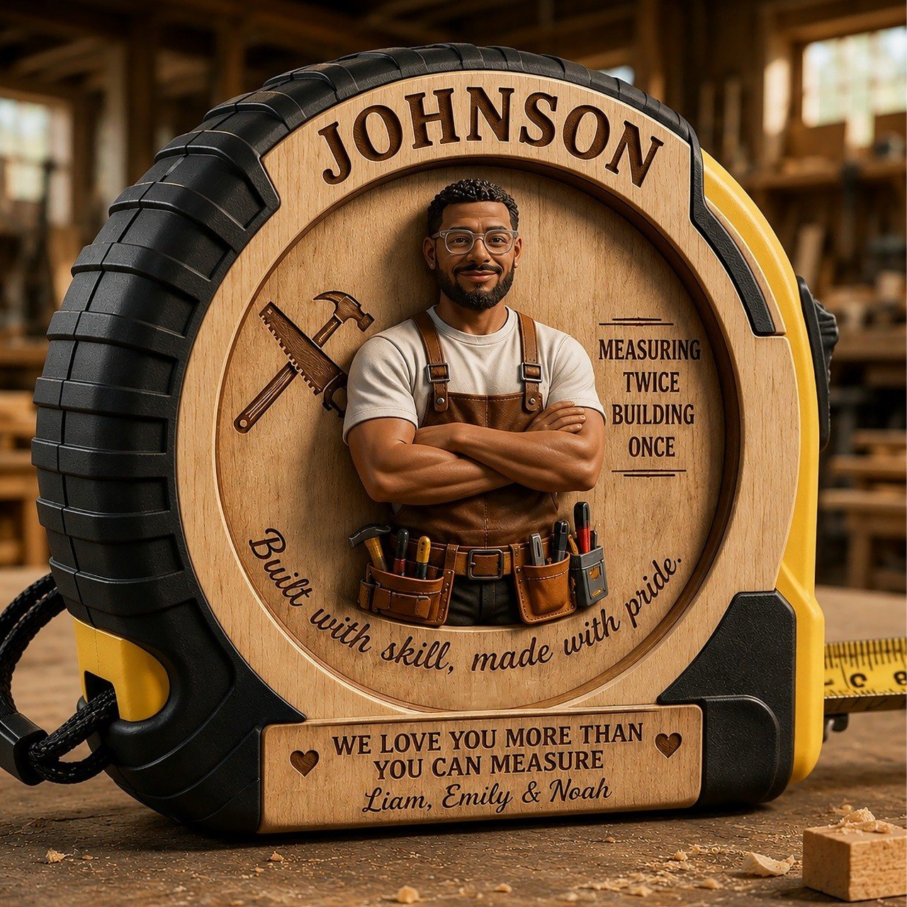 Personalized Carpenter Tape Measure for Dad – Custom Name & Photo Wooden Measuring Tape Gift