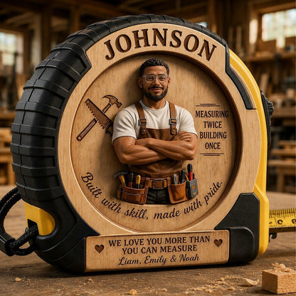 Personalized Carpenter Tape Measure for Dad – Custom Name & Photo Wooden Measuring Tape Gift