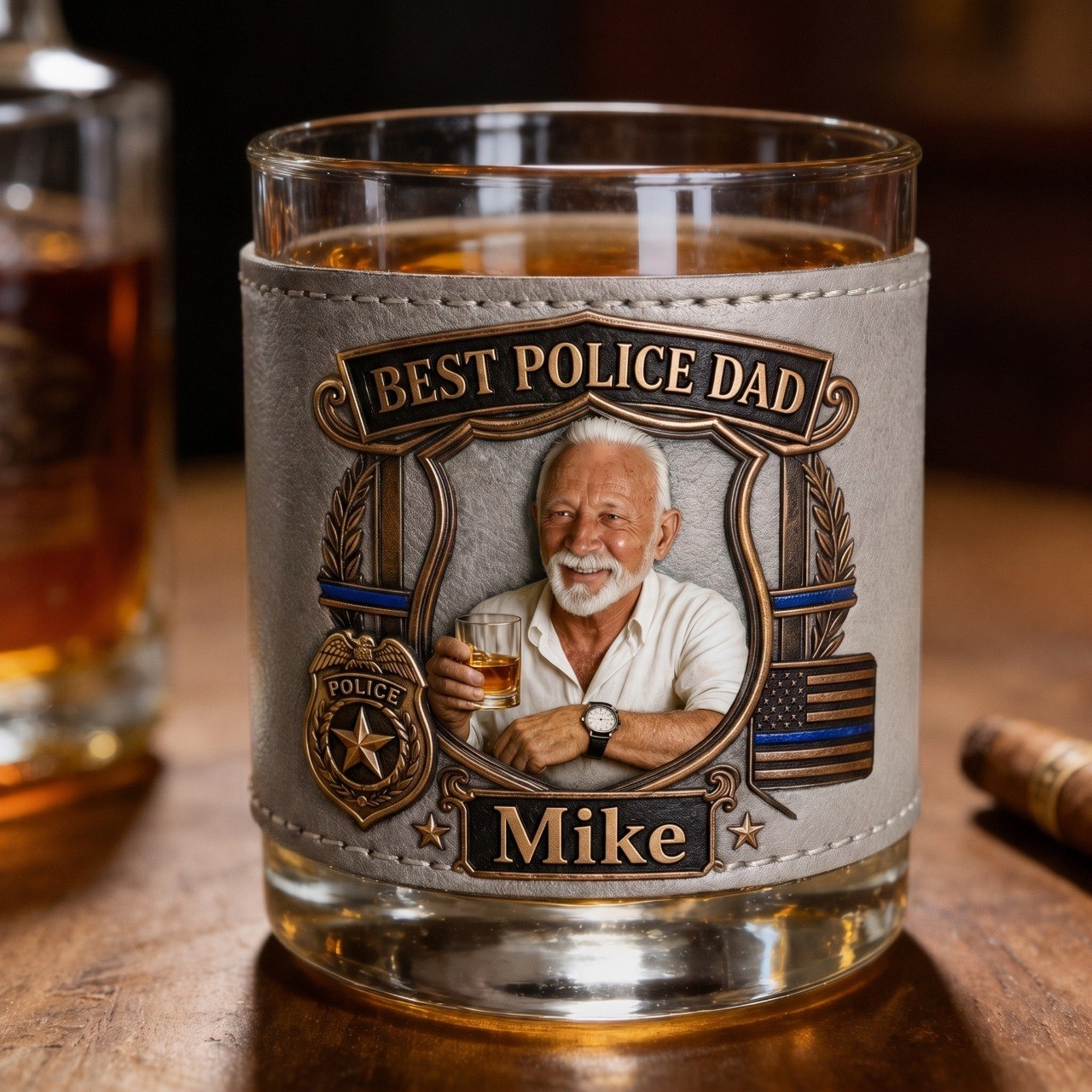 Personalized Police Dad Whiskey Glass With Custom Photo & Name