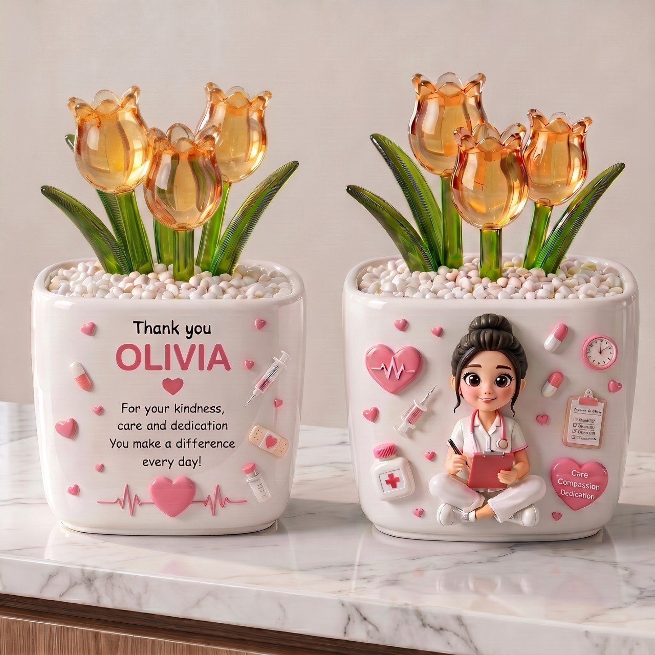 Personalized Nurse Glass Tulip Flower Pot – Forever Blooming Thank You Gift for Nurses | Custom Photo Ceramic Desk Decor