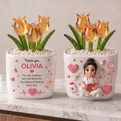 Personalized Nurse Glass Tulip Flower Pot – Forever Blooming Thank You Gift for Nurses | Custom Photo Ceramic Desk Decor