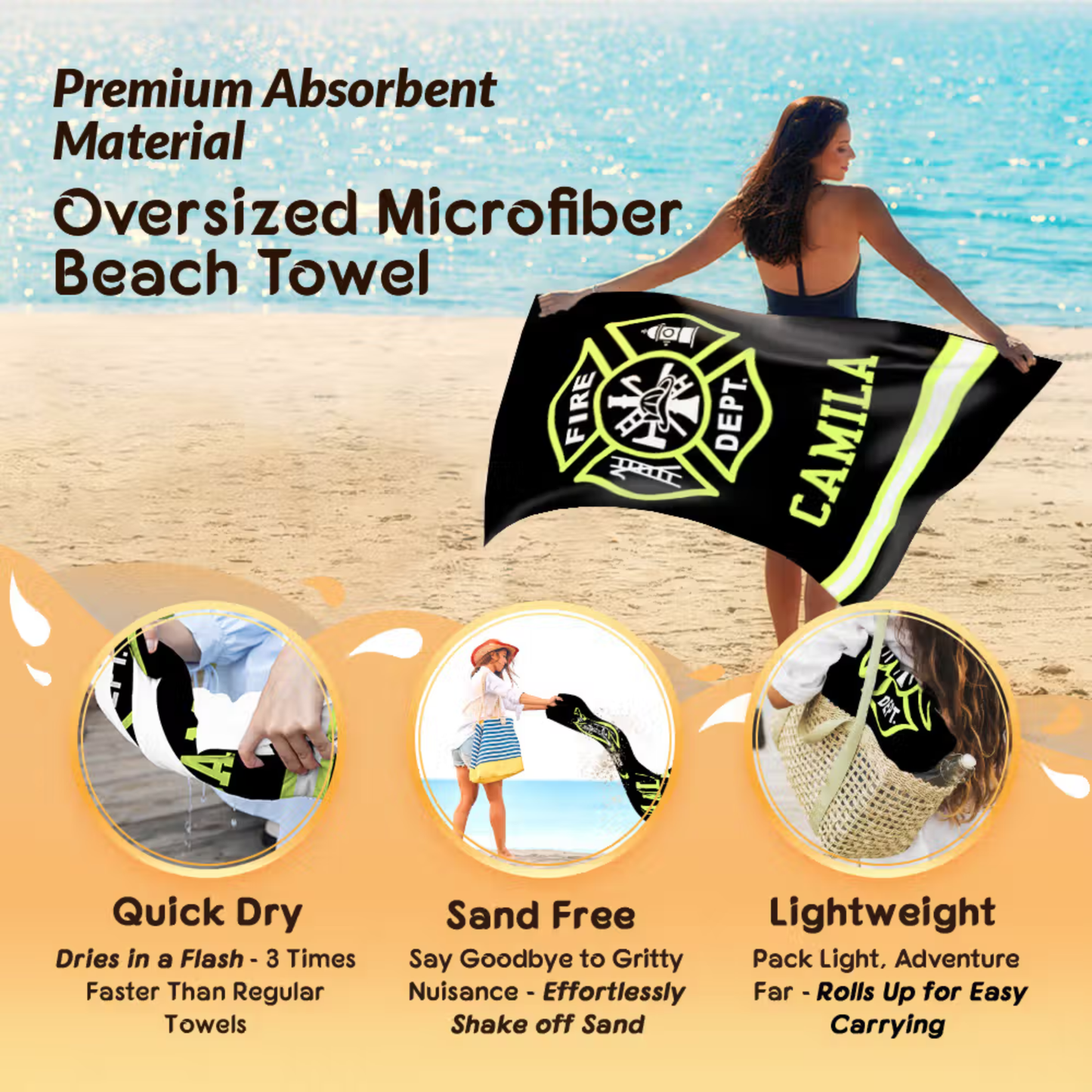 Personalized Firefighter Beach Towel with Name – Oversized Quick Dry Beach & Pool Towel, Father's Day Birthday Gift for Firefighter Dad