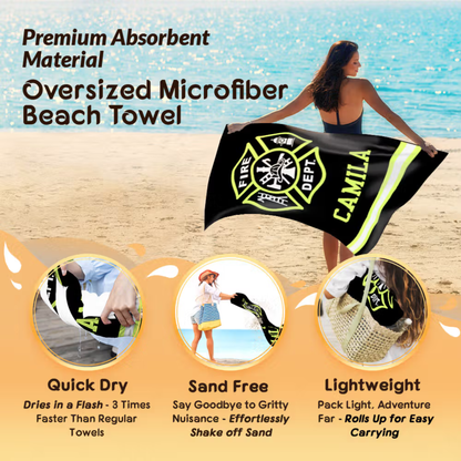 Personalized Firefighter Beach Towel with Name – Oversized Quick Dry Beach & Pool Towel, Father's Day Birthday Gift for Firefighter Dad