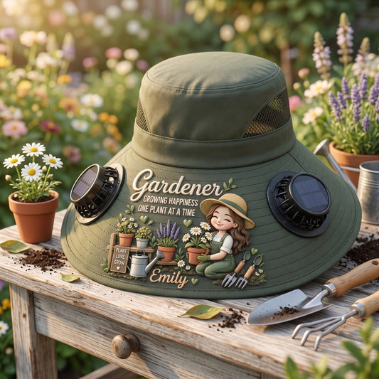 Personalized Gardener Solar Fan Hat – Custom Photo, Gardening Cooling Sun Hat for Man and Women, Wide Brim Outdoor UV Protection Gift for Plant Lovers