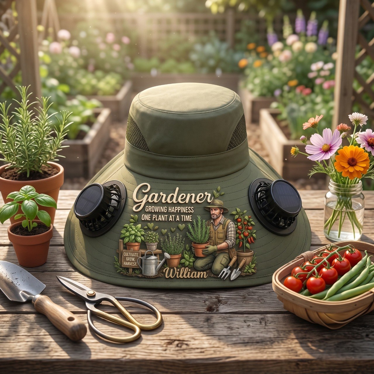 Personalized Gardener Solar Fan Hat – Custom Photo, Gardening Cooling Sun Hat for Man and Women, Wide Brim Outdoor UV Protection Gift for Plant Lovers