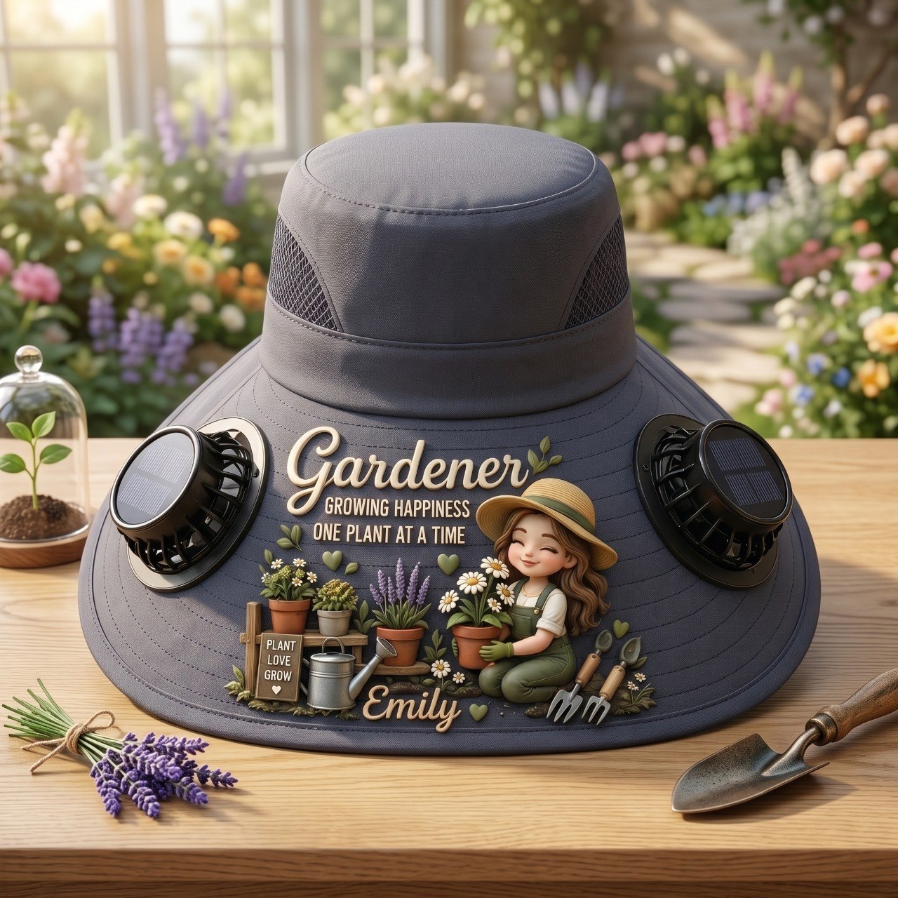 Personalized Gardener Solar Fan Hat – Custom Photo, Gardening Cooling Sun Hat for Man and Women, Wide Brim Outdoor UV Protection Gift for Plant Lovers