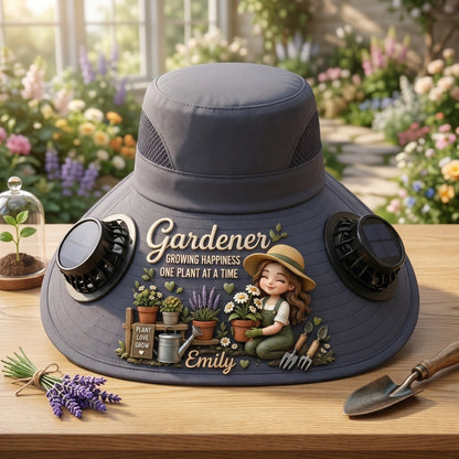 Personalized Gardener Solar Fan Hat – Custom Photo, Gardening Cooling Sun Hat for Man and Women, Wide Brim Outdoor UV Protection Gift for Plant Lovers