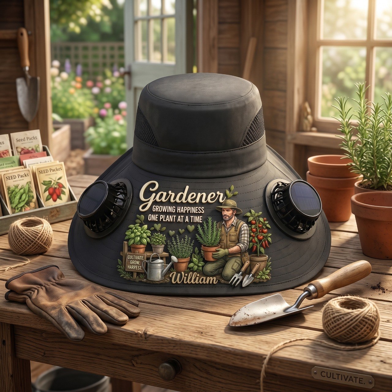 Personalized Gardener Solar Fan Hat – Custom Photo, Gardening Cooling Sun Hat for Man and Women, Wide Brim Outdoor UV Protection Gift for Plant Lovers