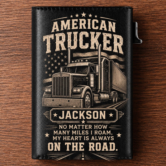 Personalized American Trucker Pop-Up Wallet – Custom Name RFID Blocking Leather Card Holder, Semi Truck Driver Gift