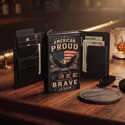 Personalized American Pride Pop-Up Wallet – Custom Name RFID Blocking Slim Leather Wallet, Patriotic Eagle & USA Flag Gift for Men, Veterans, Dad, Husband