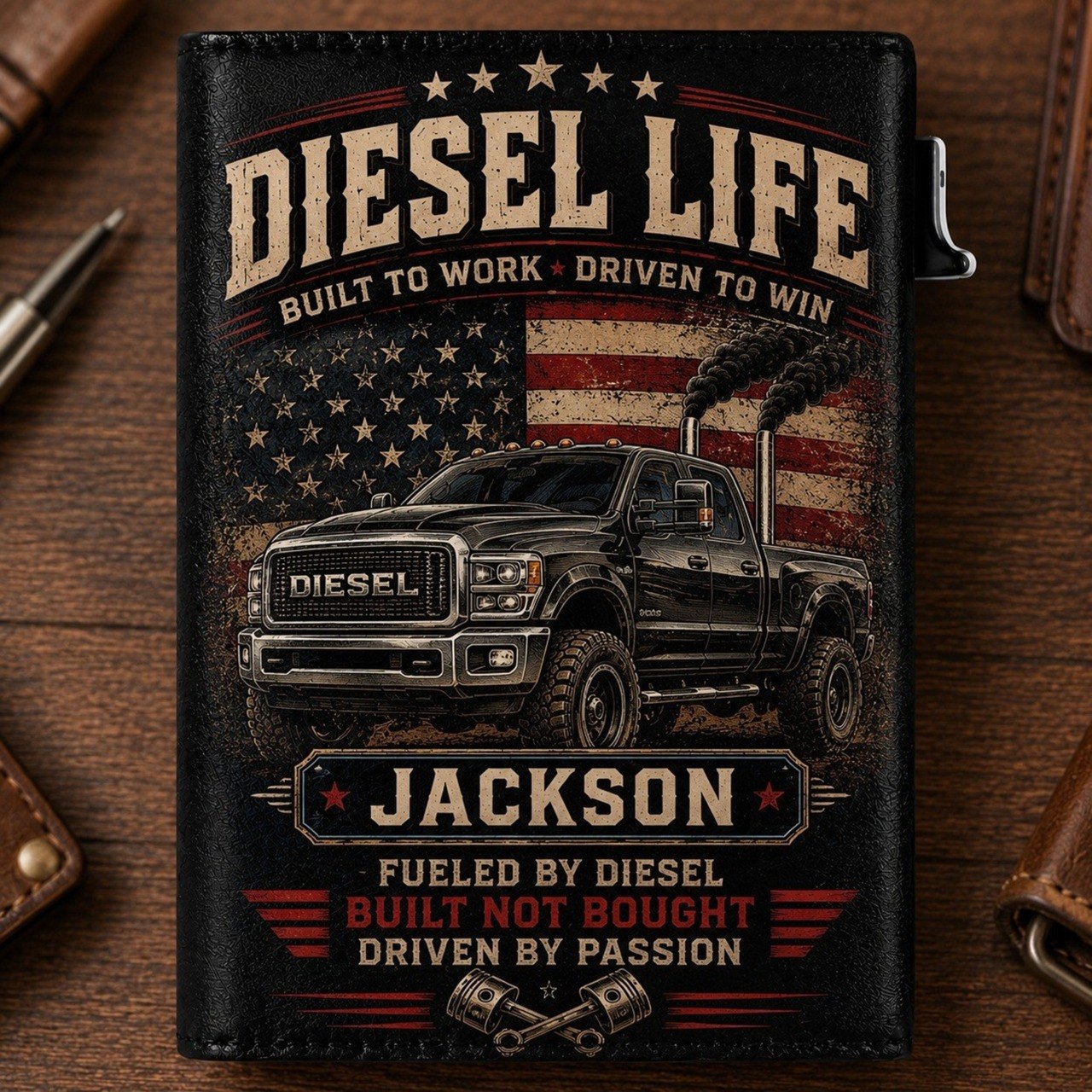 Personalized Diesel Life Pop-Up Wallet – Custom Name RFID Blocking Slim Leather Wallet, Diesel Truck Lover Gift for Dad, Husband & Pickup Enthusiasts